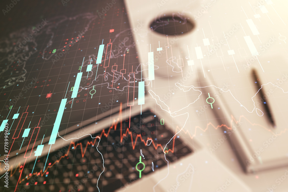 Poster multi exposure of abstract creative financial chart with world map on laptop background, research an