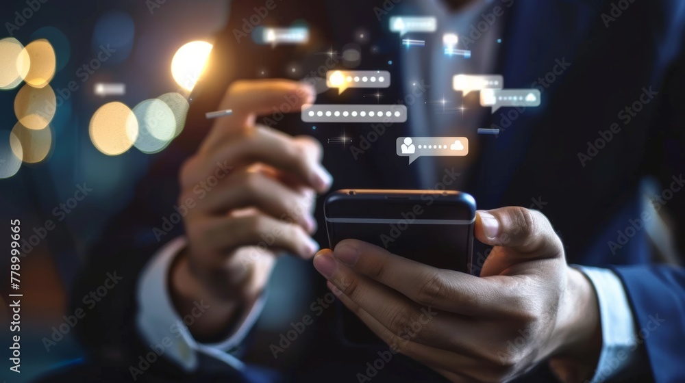 Poster a businessman uses a mobile phone with a chatbot, chat gps, on a smartphone app interface with artif