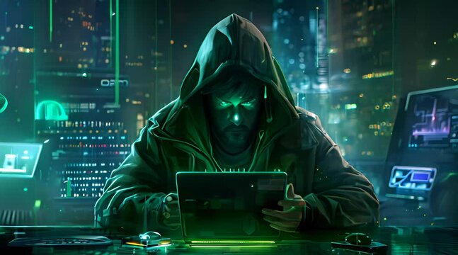hacker with neon green light on dark background