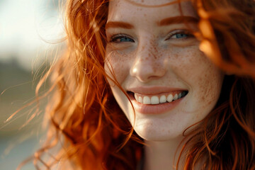 Close-up of a beautiful young red-haired woman with freckles. Portrait of a happy girl with a smile