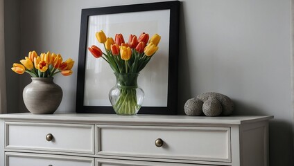 Empty frame with Beautiful vase with tulips on chest of drawers in living room