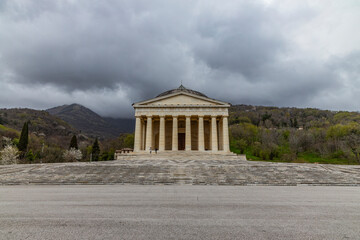 Fototapeta na wymiar Canova Temple of Possagno, home to the tomb of Canova, his hometown. World-famous sculptor, neoclassical style temple, colonnade, precious decorations. Phanteon shape with coffered ceiling and oculus.