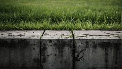 A close up of a monochrome concrete wall covered in various stains, creating a stark contrast against a backdrop of green grass and natural landscape