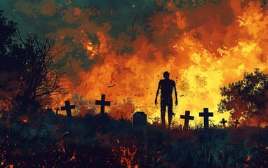zombie walking in the burnt cemetery with burning sky, digital art style, illustration painting