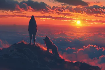 Fotobehang woman and wolf standing on the top of the mountain looking at the sunset., digital art style, illustration painting © tonstock