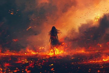 warrior woman standing on the ground of fire watching the spirits float up in the sky, digital art style, illustration painting.