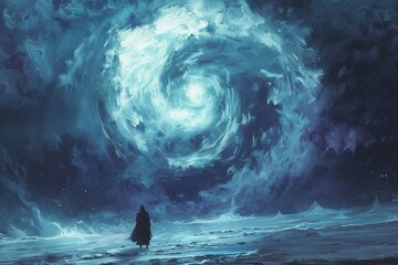 wizard conjure up a huge water vortex in the background., digital art style, illustration painting