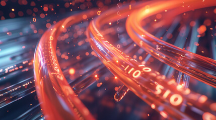 An orange internet cable with binary code flying around it, Generative AI