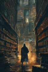 man standing in a mysterious library, digital art style, illustration painting