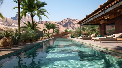 Hotel Resort Pool: A serene oasis amidst palm trees and clear skies, offering relaxation and luxury for a perfect vacation getaway
