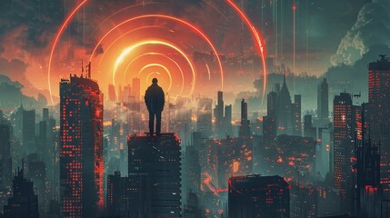 man in the dystopian city standing on building looking at the distant light circles, vector illustration - obrazy, fototapety, plakaty