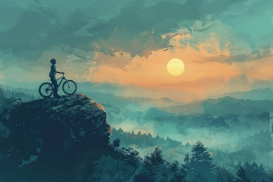 kid on bicycle on a mountain looking at the evening scenery, digital art style, illustration painting