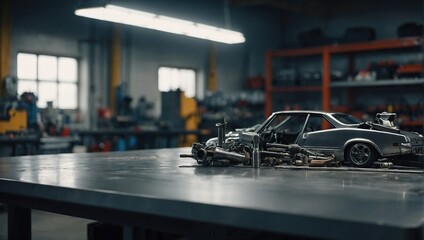A empty metal blank tabletop with blurred automotive tools and parts in the background suitable for...