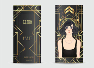 Art Deco vintage invitation template design with illustration of flapper girl over patterns and frames. Retro party background set in1920s style. Vector for glamour event, thematic wedding or jazz - 779001490