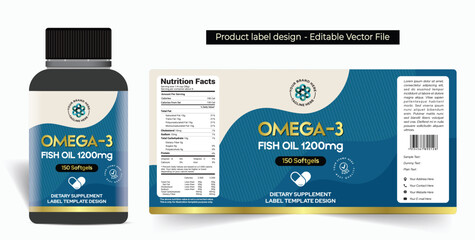 Fish oil capsule label design omega-3 label design supplement capsule label jar packaging design, dietary supplement product label design premium quality editable vector illustration template file