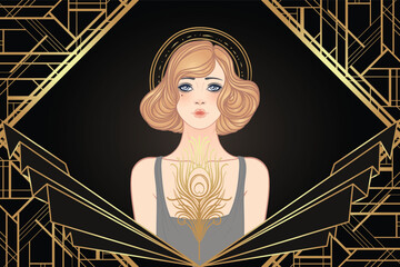 Art Deco vintage invitation template design with illustration of flapper girl over patterns and frames. Retro party background set in1920s style. Vector for glamour event, thematic wedding or jazz - 779001836