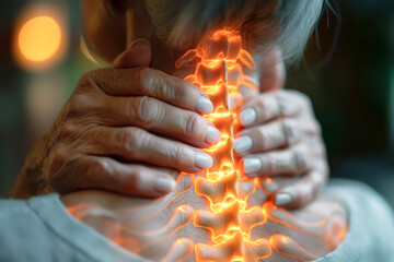 Digital composite of Highlighted spine of woman with neck pain - Powered by Adobe