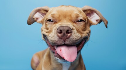 Hungry funny puppy dog licking its nose with tongue out and winking one eye closed isolated on blue colored background - obrazy, fototapety, plakaty
