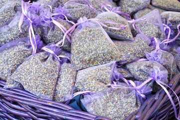 Group of purple transparent bags with dried lavender