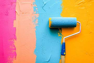 Painting wall with roller and orange dye