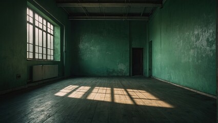 Beautiful original background image of an empty space in light green tones with a play of light and shadow on the wall and floor for design or creative work
