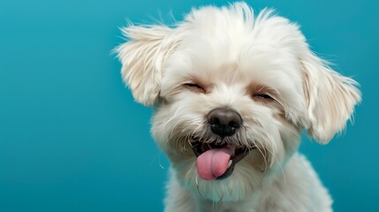 Hungry funny puppy dog licking its nose with tongue out and winking one eye closed isolated on blue colored background - obrazy, fototapety, plakaty
