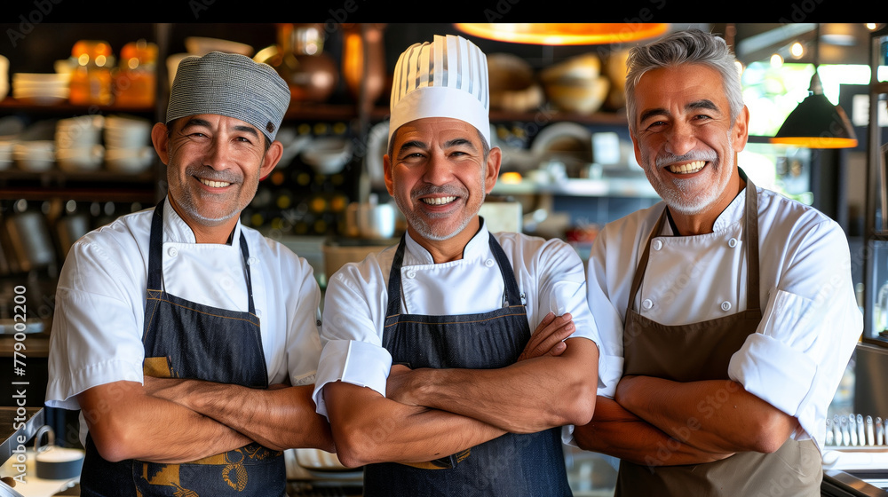 Poster three men in chef uniforms are posing for a photo. they are smiling and appear to be happy. three ch