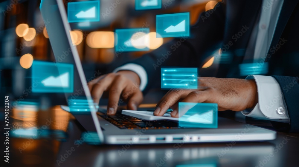 Poster dms, enterprise content management, businessman working on laptop computer with digital document, pa