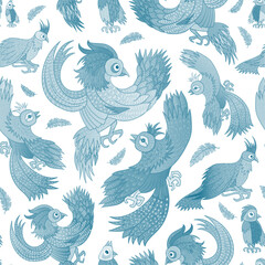 Fototapeta na wymiar Pale blue monochrome hand drawn fictional birds repeated in vector seamless pattern. Subtle fantasy birds and feathers on white backdrop in attractive surface art design.