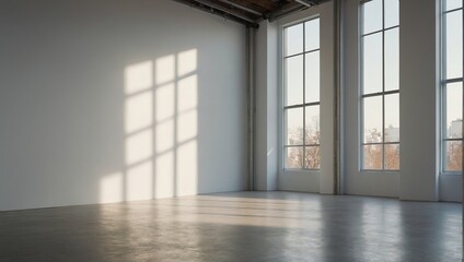 Blank white wall mockup in sunny modern empty gallery