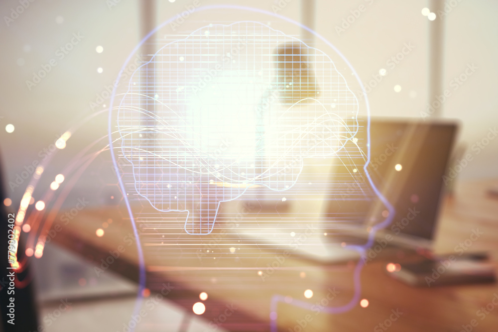 Leinwandbilder double exposure of creative human head microcircuit with computer on background. future technology a
