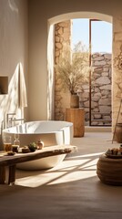 Bathroom with a large bathtub, stone walls, and a view of the desert