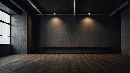 Dark gallery interior with concrete walls, mock up place and wooden flooring