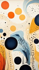 Abstract painting with blue, orange and yellow circles and black dots