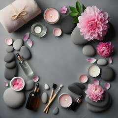 Obraz na płótnie Canvas Flat Lay Composition With Spa Stones Pion Pink Flower On Grey Background Flat Lay Composition With Spa Stones Pion Pink Flowers generated by ai