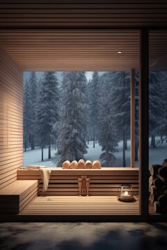 Wooden sauna with a view of the snowy forest