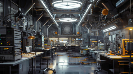 Naklejka premium A high-tech electronics assembly plant with soldering stations and testing equipment, momentarily silent but capable of producing a wide range of electronic devices