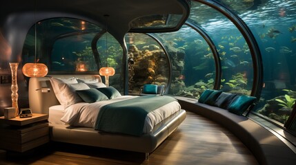 Underwater hotel room with a large curved window looking into the ocean