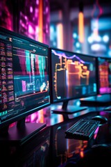 Three computer monitors displaying colorful graphs and data in a dark room with a city night lights background