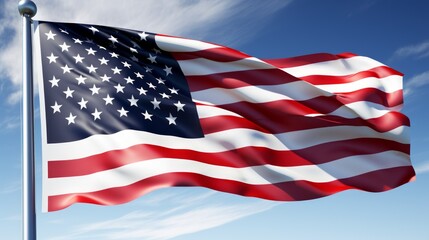 Waving American flag against blue sky