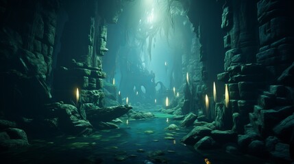 fantasy magic forest cave with glowing mushrooms and crystals - obrazy, fototapety, plakaty