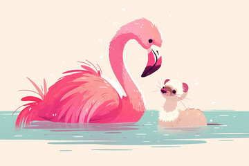 A pink flamingo is swimming in a body of water with a baby flamingo nearby