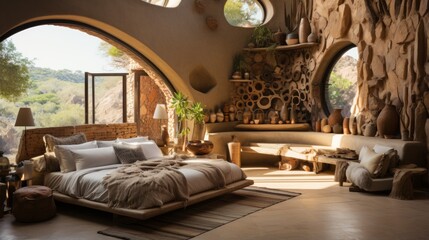 Earthen interior of a luxury bedroom with a large bed and a seating area