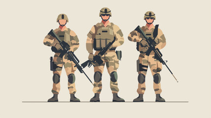 Three army soldiers posing 2d flat cartoon vactor i