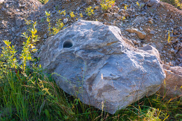 A marble limestone boulder lies against a background of grass.