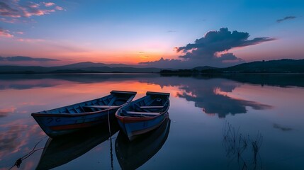 Twin boat at lake in Twilight after sunset
