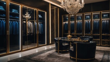 luxury male wardrobe full of expensive suits, shoes and other clothes, boutique shop