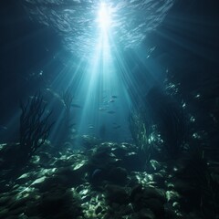 Underwater scene with a ray of light shining through the water