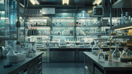 A sophisticated chemical research laboratory with fume hoods and analytical instruments,...