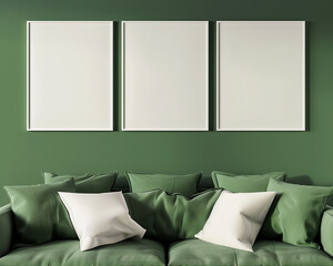 mock up poster frame in modern green interior, living room, Scandinavian style, 3D render, 3D illustration